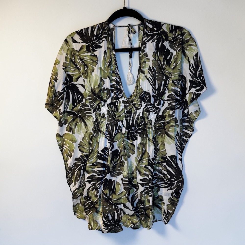 Abercrombie & Fitch Tropical Palm Leaf Swim Cover Up Green XS/S Smocked Tassel